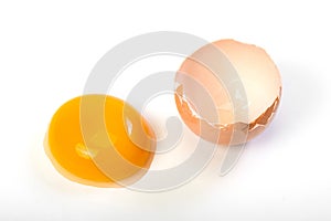 Crude egg yolk and shell on a white background. Close up. Top view