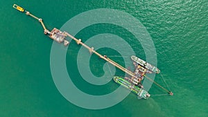 crude oil floating station in sea, bridge pipeline load unloading crude oil from oil ship transport, industry business