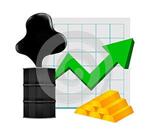 Crude oil with pointing up graph and gold bar symbol green arrow isolated white background, black metal barrel and crude oil drop