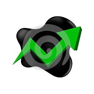 Crude oil with pointing up graph and symbol green arrow isolated on white background, black metal barrel and crude oil drop