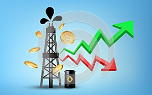 Crude oil, rig and barrel price concept, vector illustration