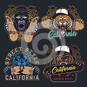 Cruel animals and skateboards colorful emblems photo