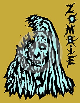 Cruel blue zombie female. Vector illustration.