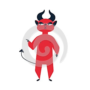 Cruel red devil with horns and tail pointing finger on something vector flat illustration. Haughty cartoon monster