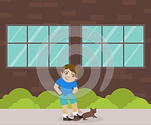 Cruelty Boy Going to Step on Tail of Cat, Bad Behavior Vector Illustration