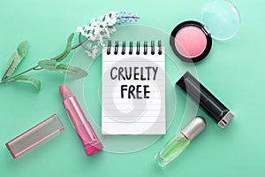 Cruely free cosmetic, beauty products on green background