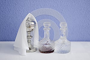 cruets with water and wine and chalice