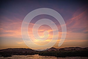 Cruise boat on the Nile river at sunset, Egypt