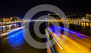 Cruise Boats Danube River Chain Bridge Night Budapest Hungary