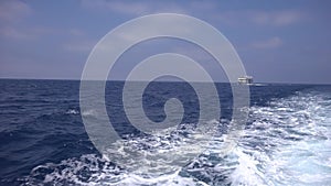 Cruise Ferry Sailing Sea Trip Boat Ship Wake, Foamy Waves Traveling to Beach