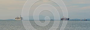 Cruise liner and cargo ship on the horizon BANNER long format