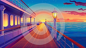 Cruise liner deck or quay at sunset. Sunset seascape background on luxury sailboat in ocean or sea. Cartoon modern