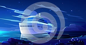 Cruise liner in ocean at night. Modern ship, boat