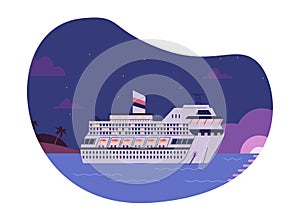 Cruise liner sailing on sea at night, flat vector illustration isolated on white background.