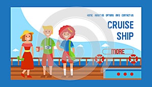 Cruise liner ship travel banner web design vector illustration. Family members standig on ship. Tourist on summer