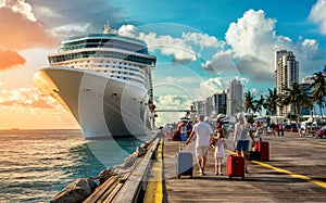 Cruise liner tourists depart from a cruise liner on the dock. photo
