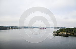 Cruise liner Viking Line sailing near islands of Stockholm archipelago in Baltic sea