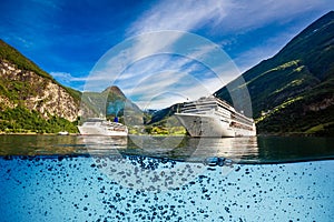 Cruise Liners On Geiranger fjord, Norway
