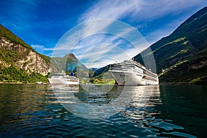 Cruise Liners On Geiranger fjord, Norway