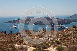Cruise liners near the island Santorini. Caldera view