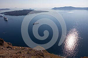 Cruise liners near the island of Santorini. Caldera View