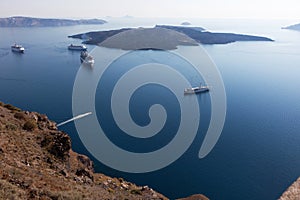 Cruise liners near the island of Santorini. Caldera view
