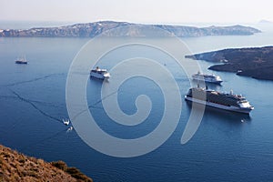 Cruise liners near the island of Santorini. Caldera view