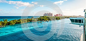 Cruise port of Nassau, Bahamas. View of Paradise Island from the ship.