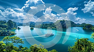 A cruise ship is anchored in the middle of a large body of water, surrounded by the natural beauty of a tropical bay