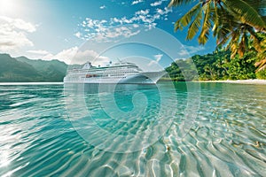 Cruise ship anchored near a tropical island