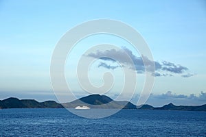 Cruise ship anchored off the coast of Basse Terre, St Kitts, Caribbean with copy space