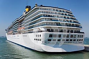 Cruise ship anchored in tropical sea photo