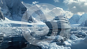 Cruise Ship at the Antarctic Peninsula Ocean and Icebergs and Mountains in the Background in Antarctica