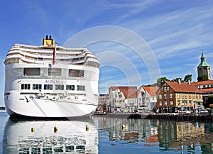 The cruise ship AURORA by P&O Cruises has moored at Skagenkaien Pier in the port of Stavanger Norway