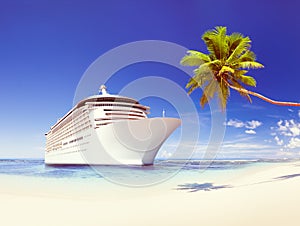 Cruise Ship Beach Sea Palm Tree Concept