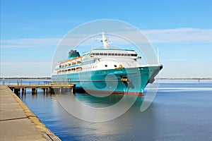 Cruise ship bow moored at the dock on a sunny day with blue sky in the background