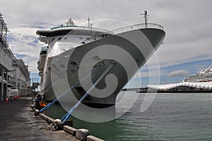 Cruise ship bow prow boat yatch moored at Auckland dock