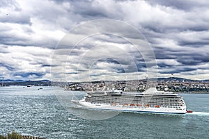 Cruise Ship Bridge Buildings Bosphorus Strait Istanbul Turkey