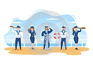 Cruise Ship Captain Cartoon Illustration in Sailor Uniform Riding a Ships, Looking with Binoculars or Standing on the Harbor