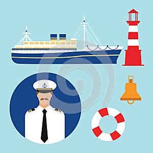 Cruise ship captain vector boat sailor icon set nautical lighthouse marine sea