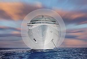 Cruise ship in Caribbean sea at sunset. Landscape with big cruise liner