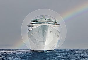 Cruise ship in Caribbean sea at sunset. Landscape with big cruise liner