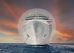 Cruise ship in Caribbean sea at sunset. Landscape with big cruise liner