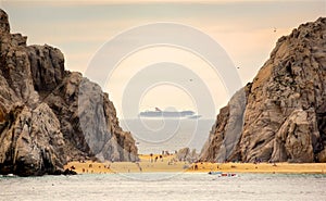 Cruise Ship between cliffs. Leaving Cabo San Lucas