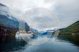 Cruise Ship, Cruise Liners On Sognefjord or Sognefjorden, Flam Norway