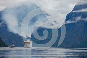 Cruise Ship, Cruise Liners On Sognefjord or Sognefjorden, Flam Norway