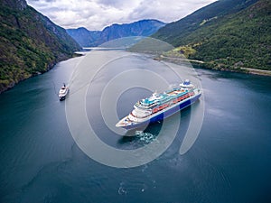 Cruise Ship, Cruise Liners On Sognefjord or Sognefjorden, Norway