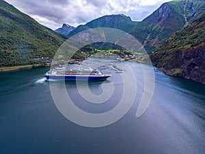 Cruise Ship, Cruise Liners On Sognefjord or Sognefjorden, Norway