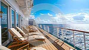 Cruise Ship Deck with Inviting Sun Loungers and Ocean View. Tranquil Vacation Scene. Perfect Leisure Travel Experience