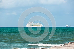 Cruise Ship departing from Miami Port. The city is a famous tropical destination for cruises.